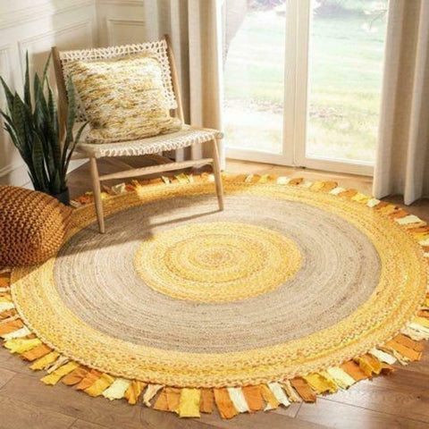 Natural Jute and Cotton Bohemian Reversible Round Area Rug