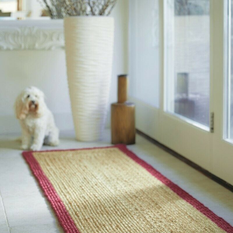 Natural Jute Braided Style Runner Rug With Red Borders