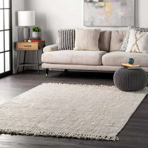 Hand Woven White Tassel Jute and Cotton Mixed Braided Reversible Rug